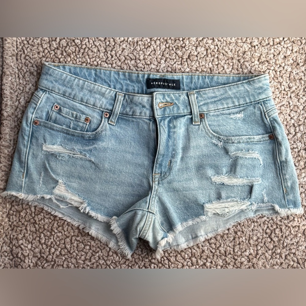 Aeropostale Women's Distressed Light Blue Low Rise Jean Shorts